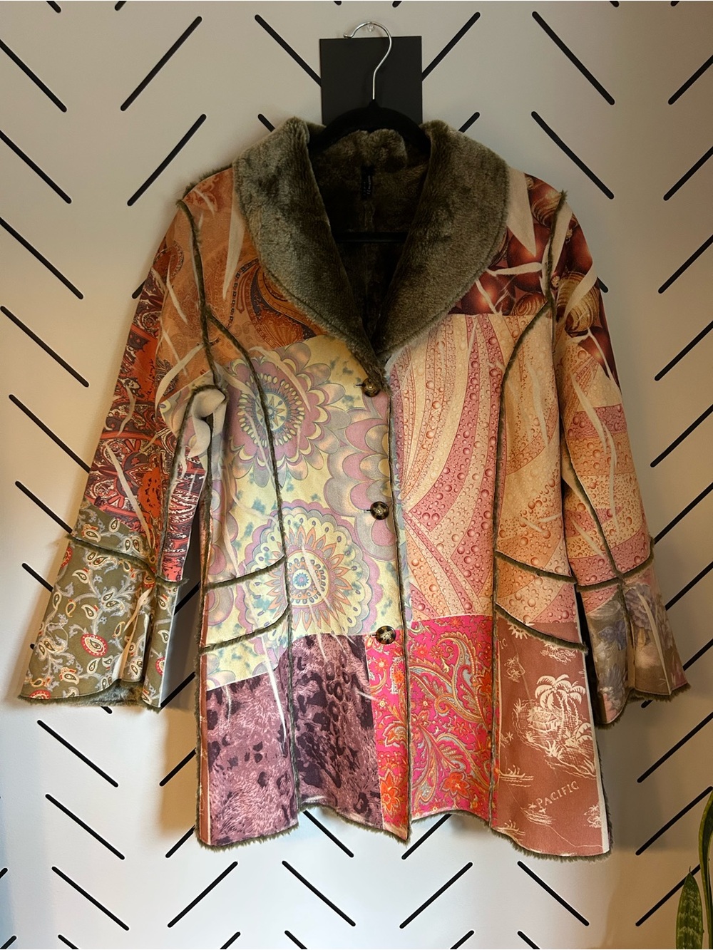 Lapis Faux suede tapestry printed a-line jacket with furry lining bell sleeves
